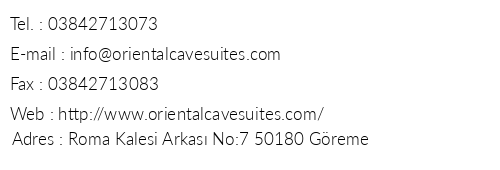 Oriental Cave Suites telefon numaralar, faks, e-mail, posta adresi ve iletiim bilgileri